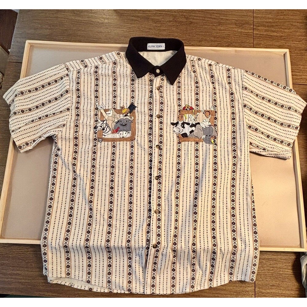 EUC Men's Aelfric Eden Cartoon Embroidered Shirt Animal Theme Size Large HTF